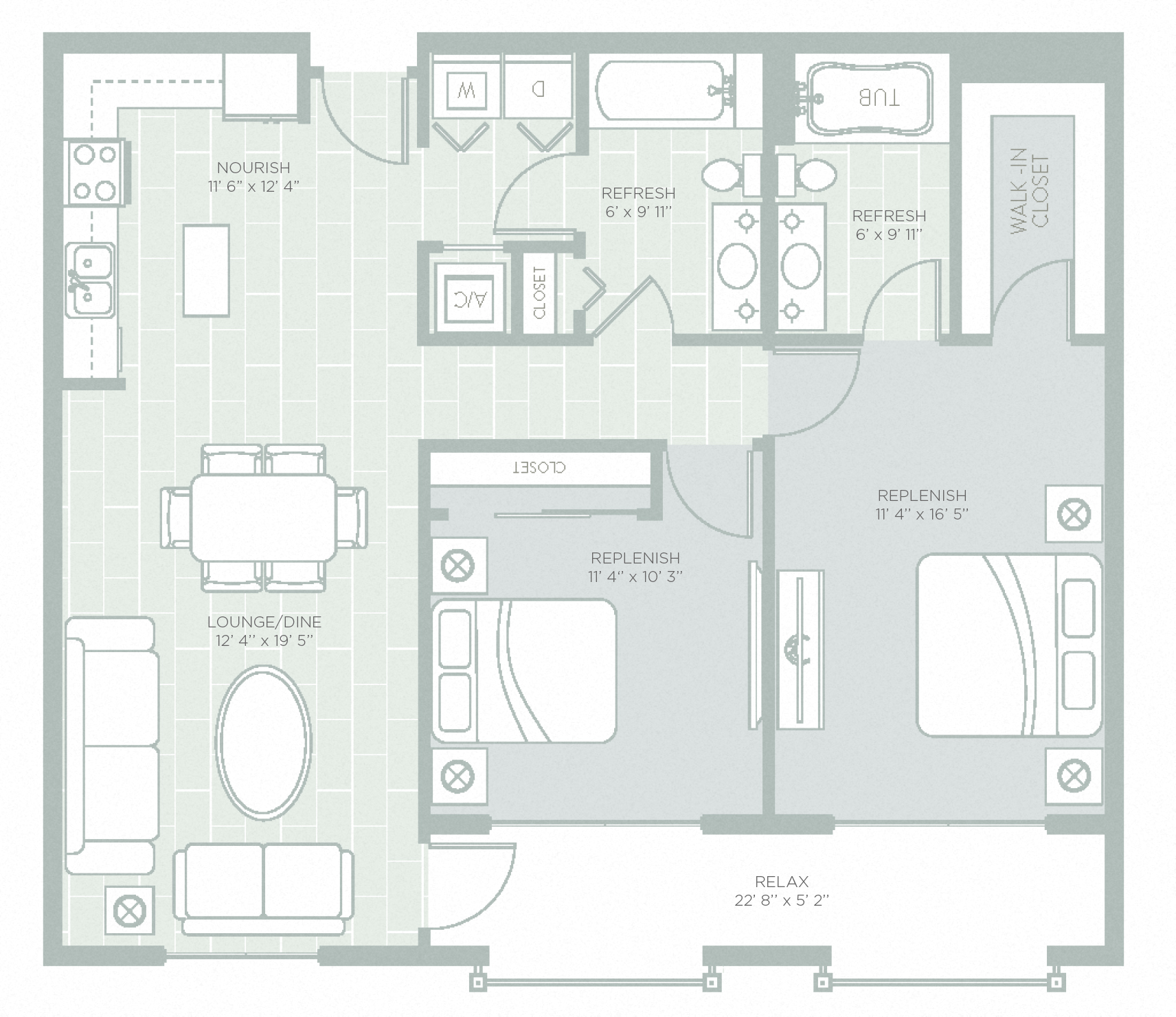 Floor plan for 2 beds, 2 baths, 1107 sqft